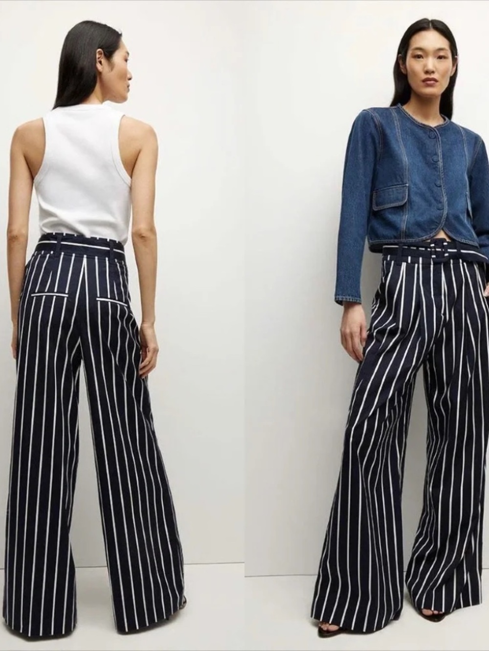 Veronica Beard Maliyah Navy Stripped Belted Wide-Leg Cotton Pant Sz 2